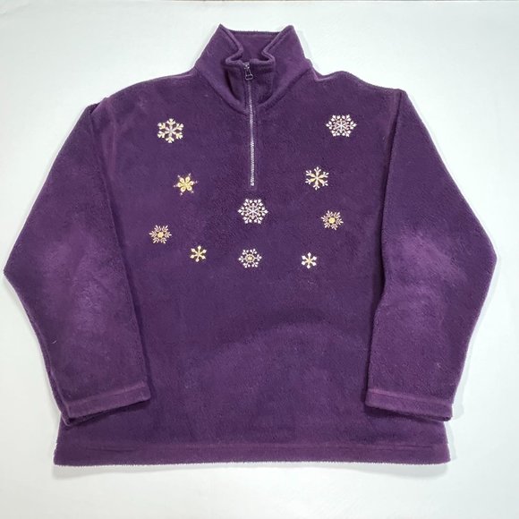 Snowflake Purple Fleece 1/4 Zip Sweatshirt Womens LG Embroidered‎ Snowflakes - Picture 1 of 11